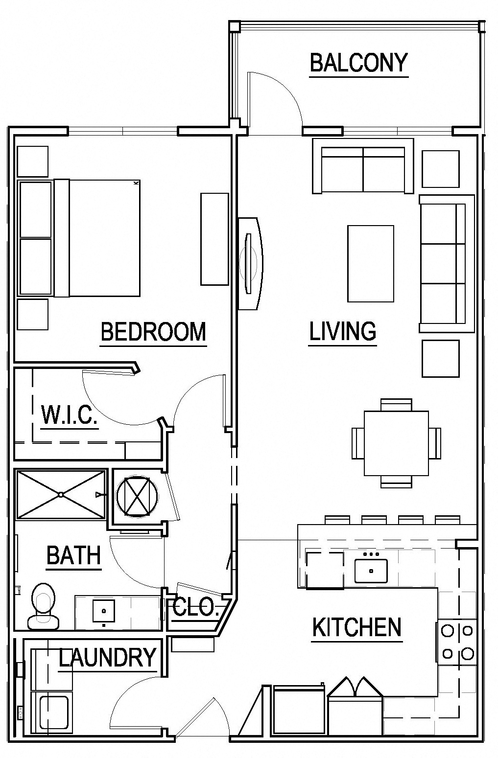 Floor plan for 1 bed, 1 bath, 951 sqft